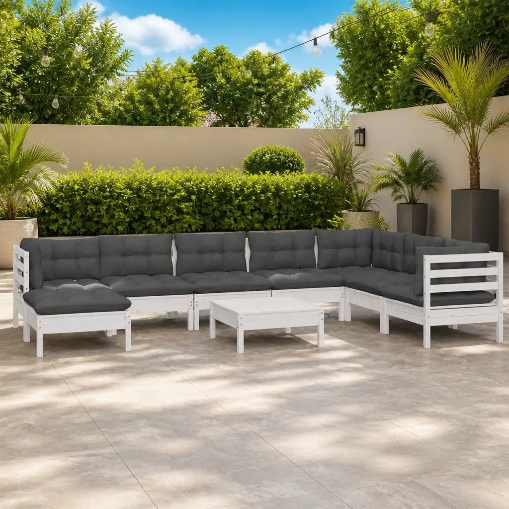 Garden Lounge Set 9 Piece White Solid Pinewood Outdoor Furniture with Cushions