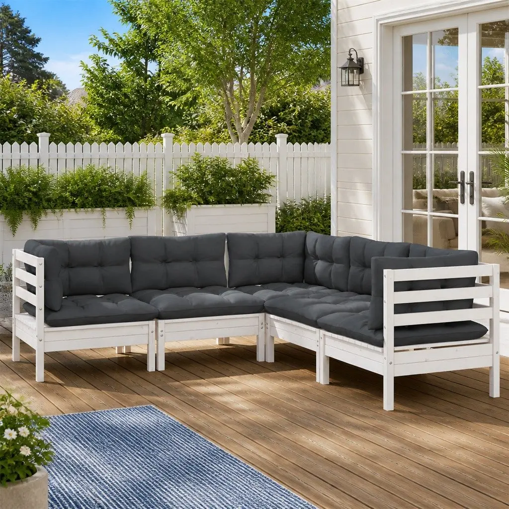 5 Piece Outdoor Modular White Garden Lounge Set with Cushions