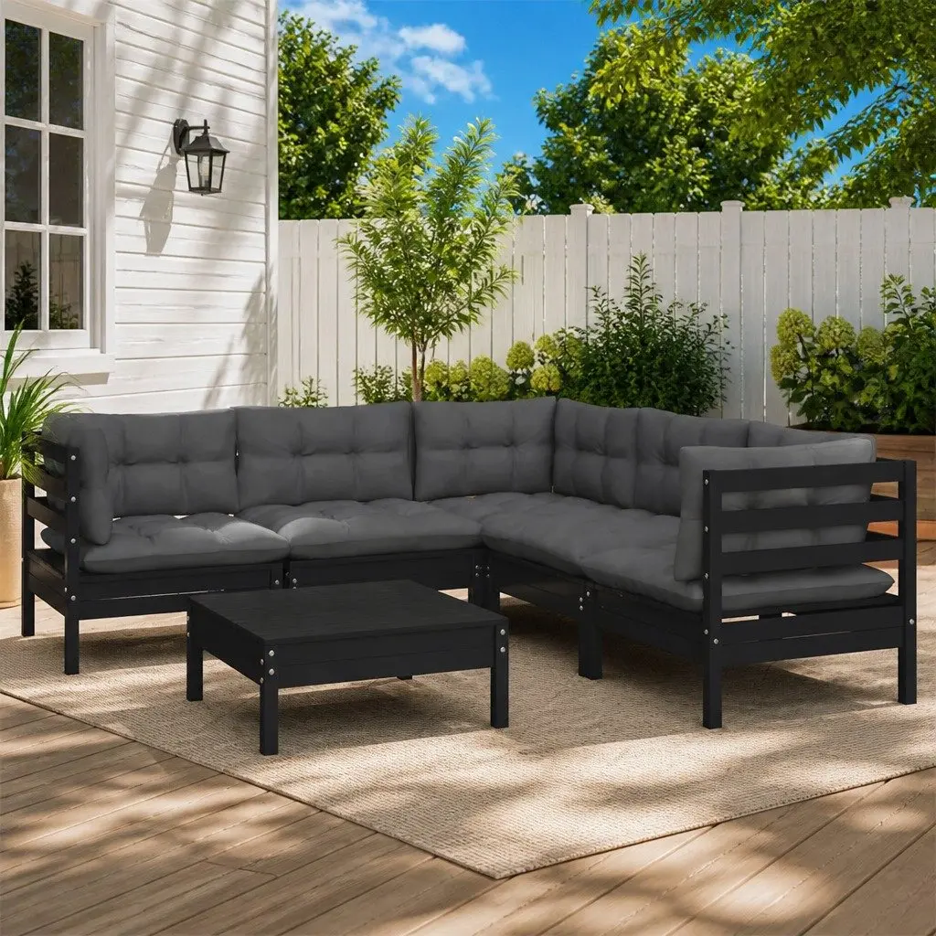 Garden Lounge Set 6 Piece Outdoor Patio Furniture Black Pinewood with Cushions