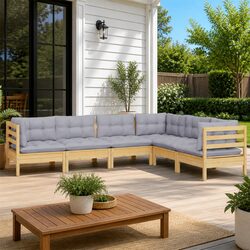 Garden Lounge Set 6 Piece Outdoor Patio Furniture Grey Cushions Pinewood