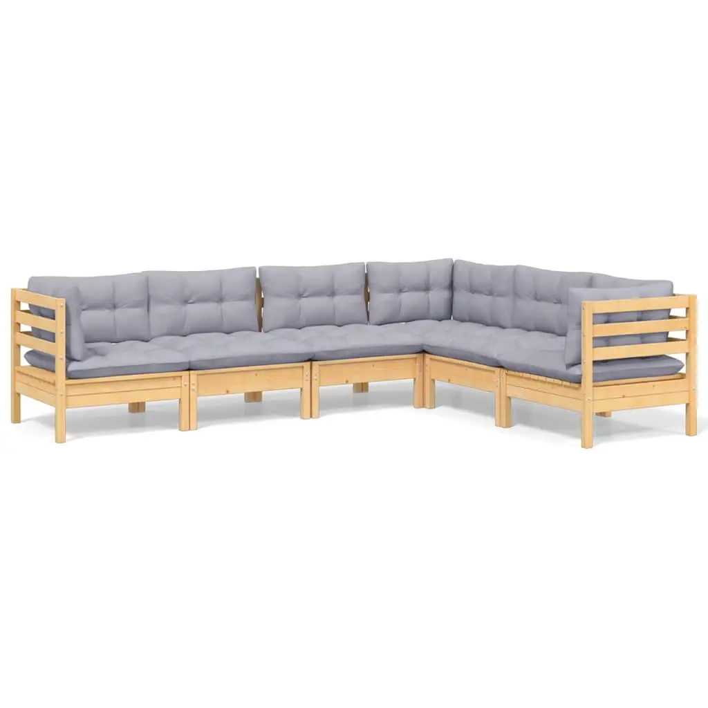 Garden Lounge Set 6 Piece Outdoor Patio Furniture Grey Cushions Pinewood