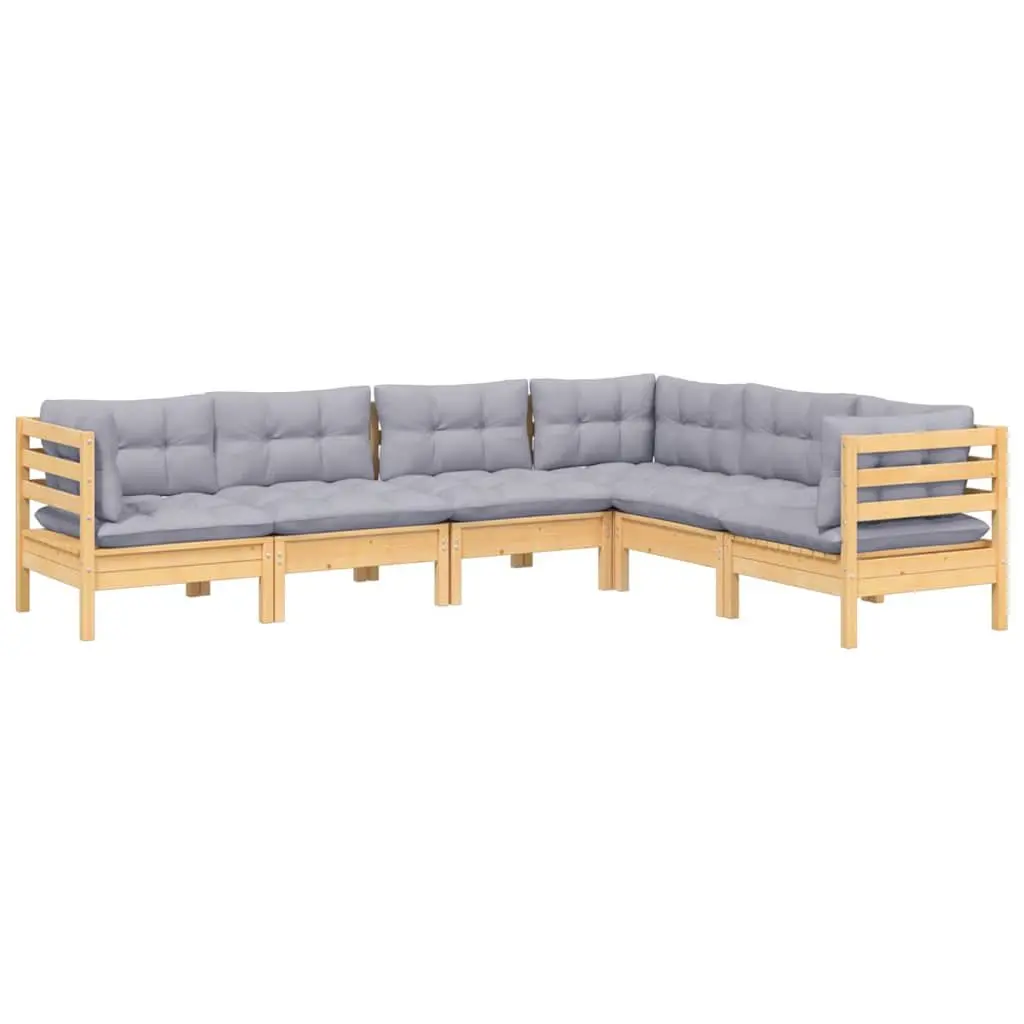 Garden Lounge Set 6 Piece Outdoor Patio Furniture Grey Cushions Pinewood