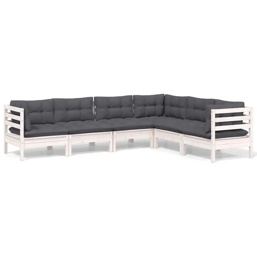 Garden Lounge Set 6 Piece White Pinewood Patio Furniture with Cushions Modular