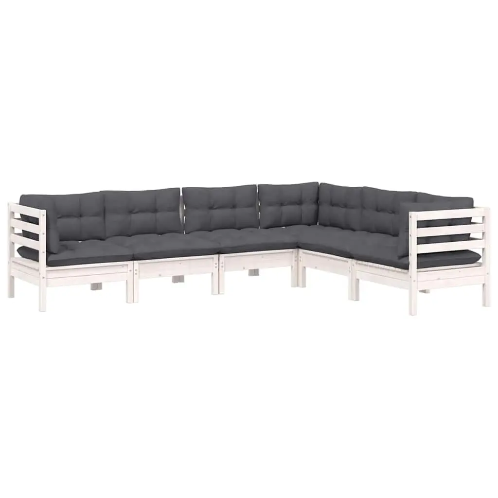 Garden Lounge Set 6 Piece White Pinewood Patio Furniture with Cushions Modular