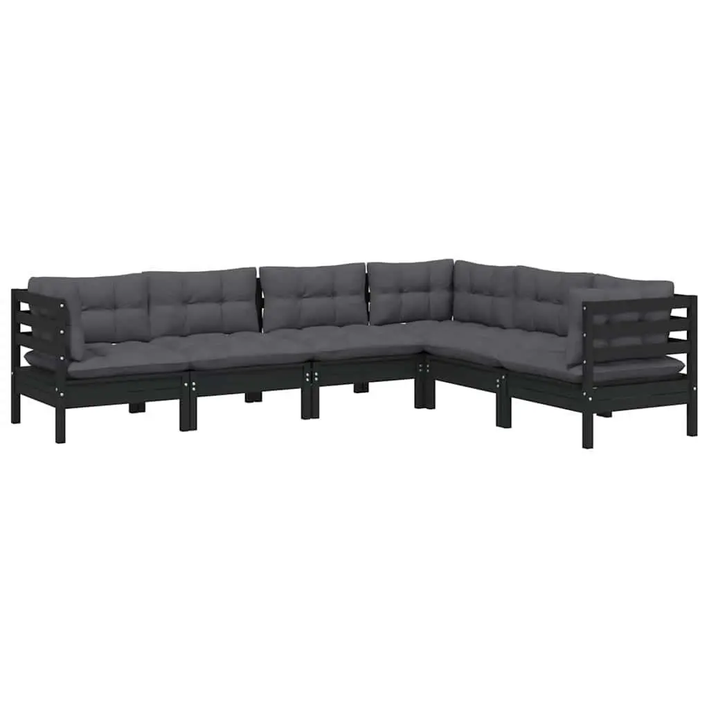 Garden Lounge Set 6 Piece Outdoor Patio Furniture Black Pinewood with Cushions