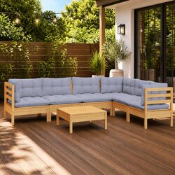 7 Piece Garden Lounge Set Grey Cushions Solid Pinewood Outdoor Patio Furniture