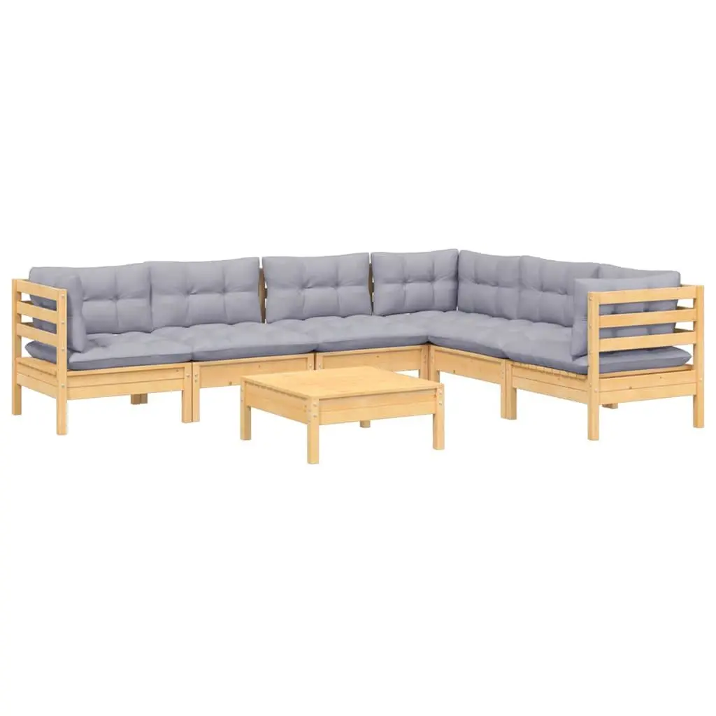 7 Piece Garden Lounge Set Grey Cushions Solid Pinewood Outdoor Patio Furniture