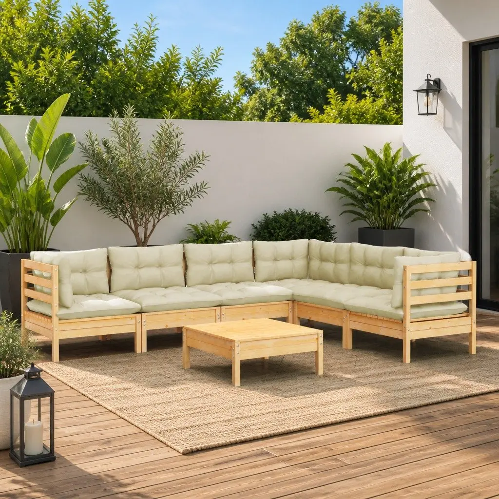 Modular Garden Lounge Set 7 Piece Solid Pinewood Cream Cushions Outdoor Patio Furniture