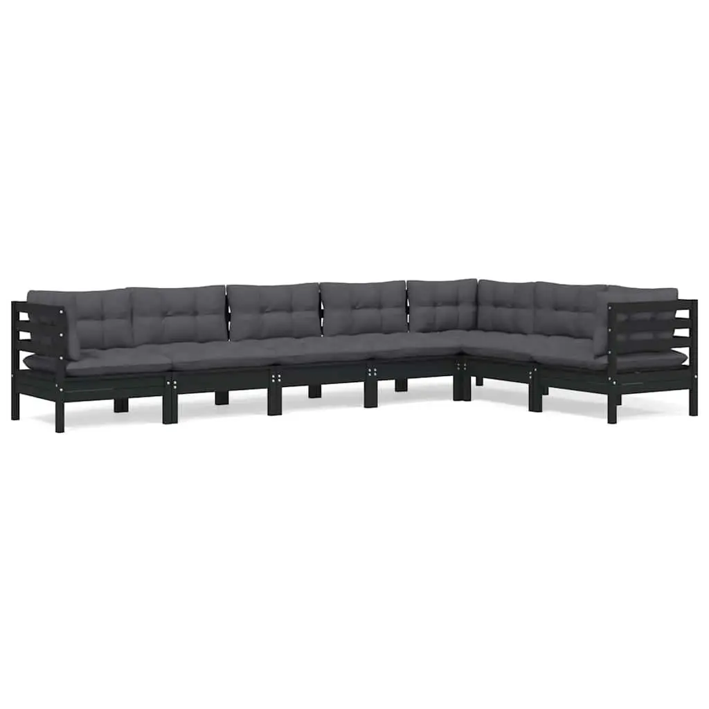 7 Piece Garden Lounge Set Solid Pinewood Black Outdoor Patio with Cushions