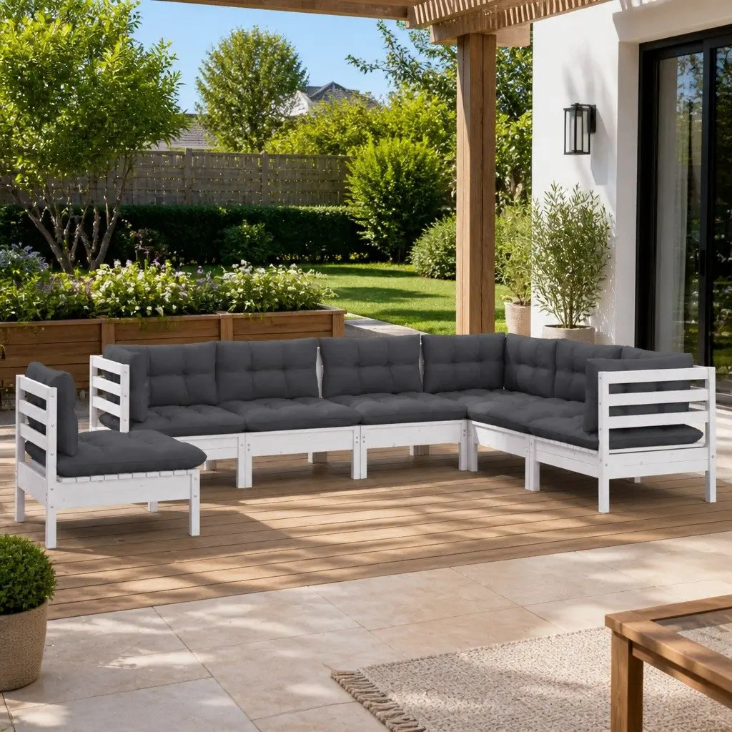 Garden Lounge Set Modular White 7 Piece Outdoor Furniture with Cushions