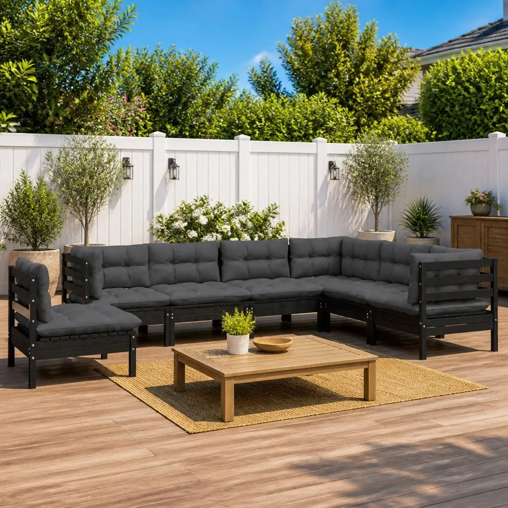 7 Piece Garden Lounge Set Solid Pinewood Black Outdoor Patio with Cushions