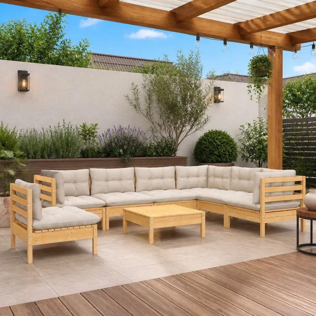 Outdoor Lounge Set Modular Pinewood 8 Piece with Cream Cushions