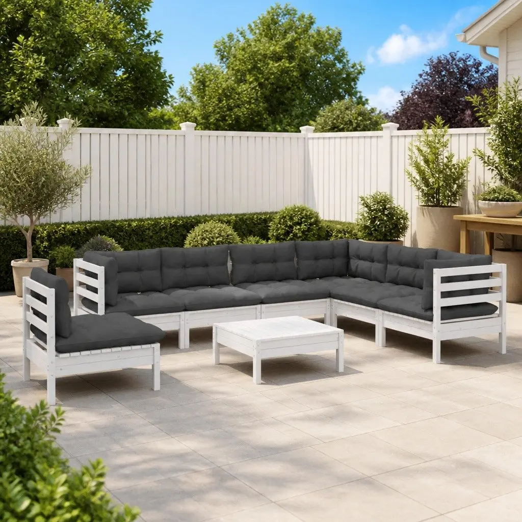 Outdoor Lounge Set 8 Piece White Solid Pinewood with Cushions