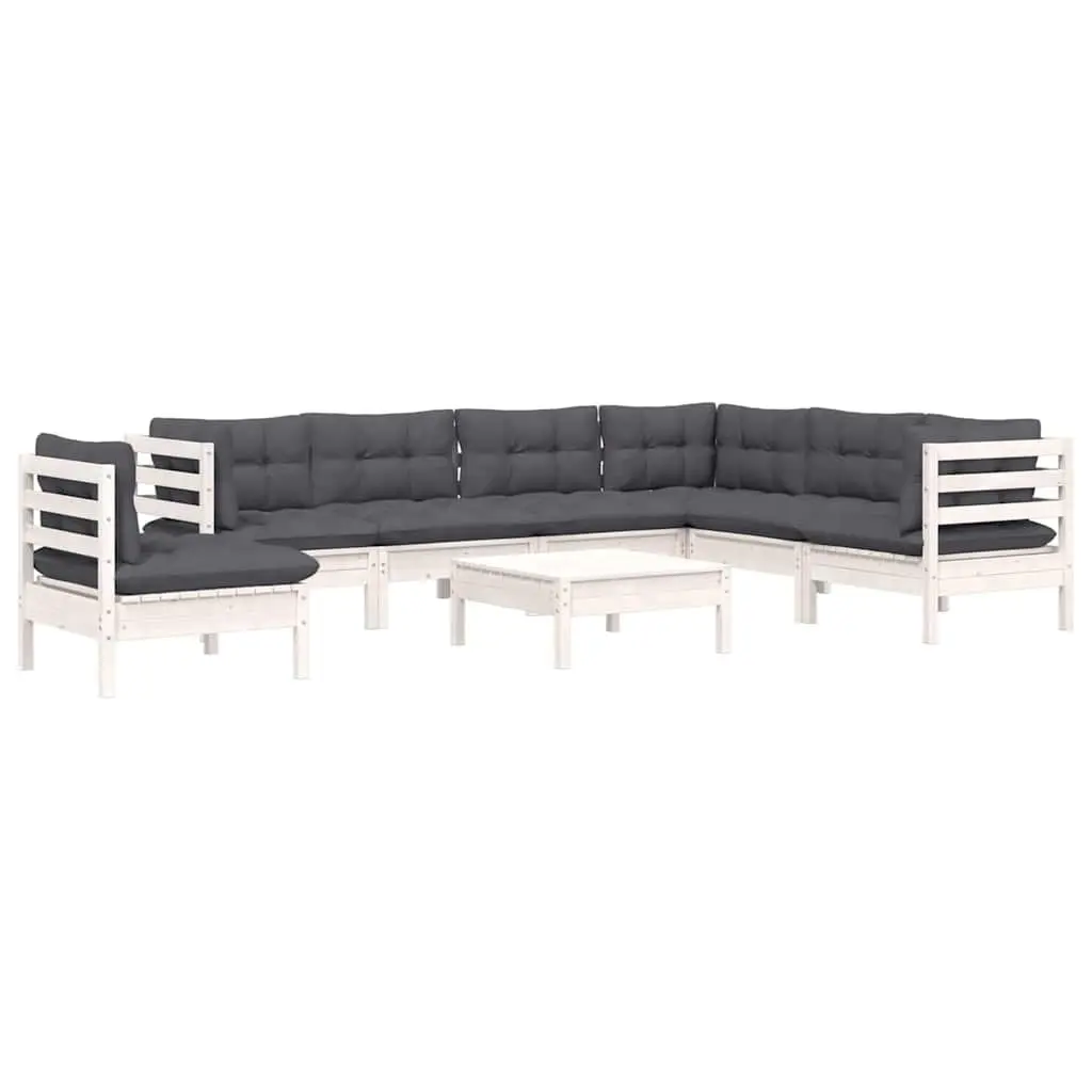 Outdoor Lounge Set 8 Piece White Solid Pinewood with Cushions