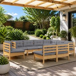Garden Lounge Set 9 Piece Outdoor Patio Furniture with Grey Cushions Pinewood