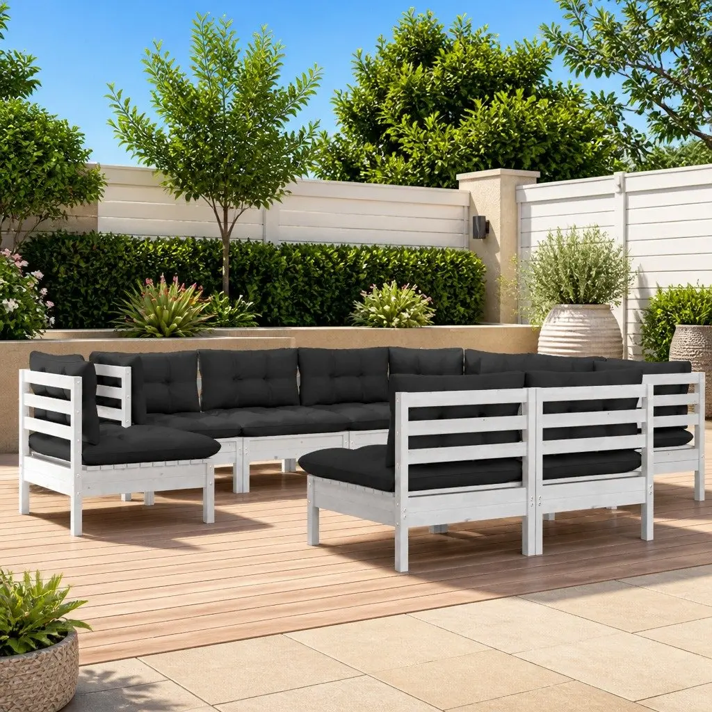 Garden Lounge Set 9 Piece Outdoor Furniture White Pinewood with Cushions Modular