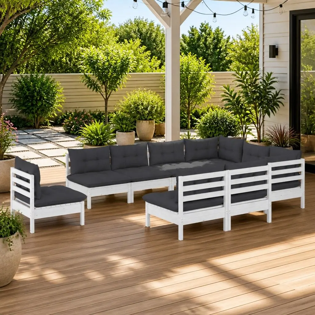 Garden Lounge Set 10 Piece Outdoor Patio Furniture White Pinewood with Cushions