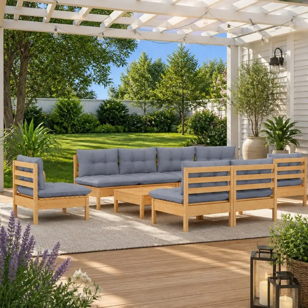 Garden Lounge Set 11 Piece Outdoor Patio Furniture Grey Cushions Solid Pinewood