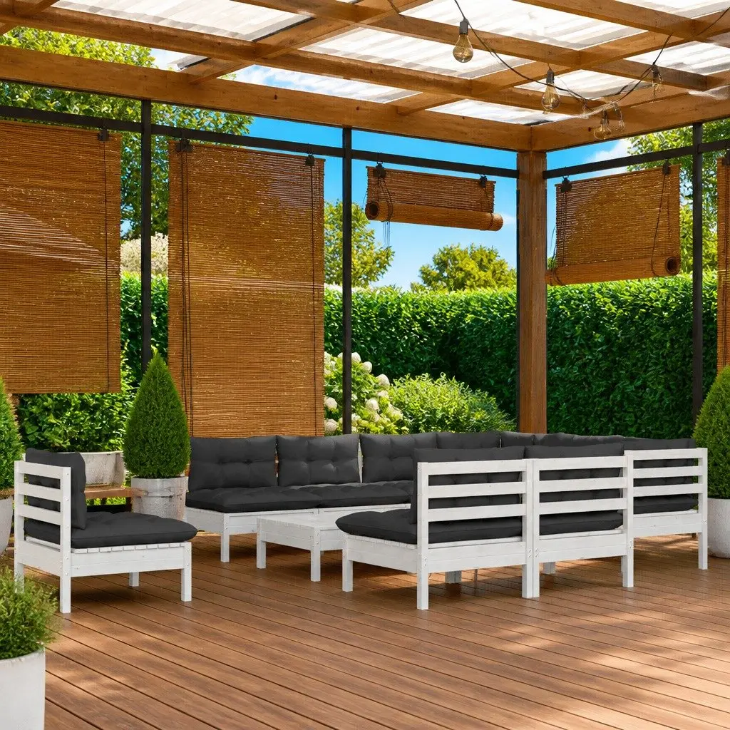 Garden Lounge Set 11 Pieces White Pinewood Outdoor Patio Furniture with Cushions