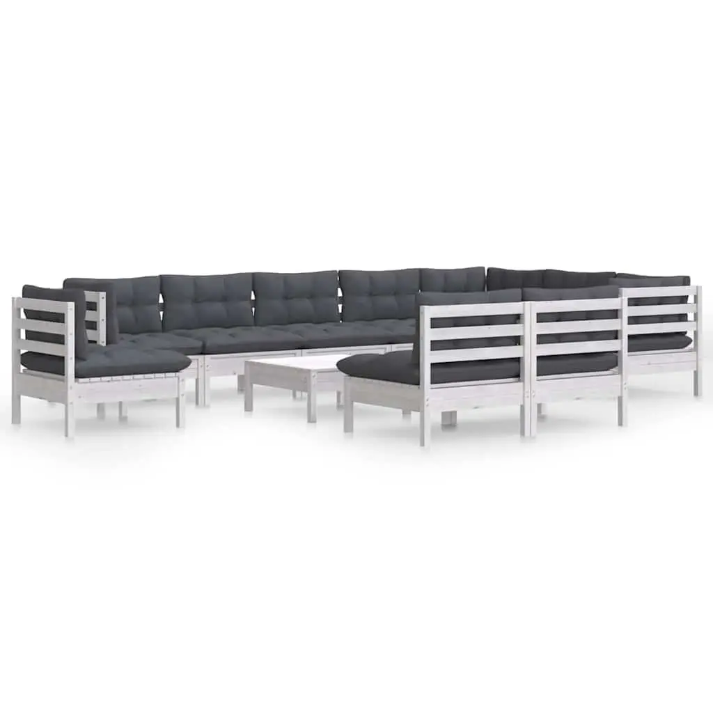 Garden Lounge Set 11 Pieces White Pinewood Outdoor Patio Furniture with Cushions