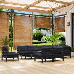 Garden Lounge Set 11 Piece Outdoor Patio Furniture Black Pinewood with Cushions
