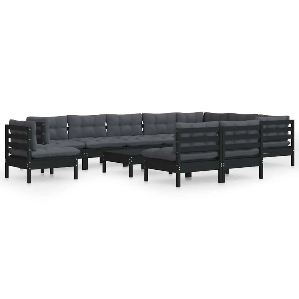 Garden Lounge Set 11 Piece Outdoor Patio Furniture Black Pinewood with Cushions