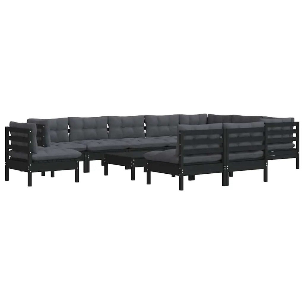 Garden Lounge Set 11 Piece Outdoor Patio Furniture Black Pinewood with Cushions