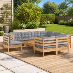 Garden Lounge Set 10 Piece Outdoor Patio Furniture Grey Cushions Solid Wood