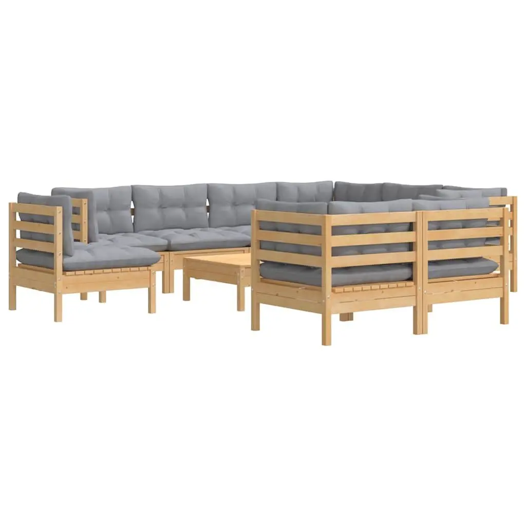 Garden Lounge Set 10 Piece Outdoor Patio Furniture Grey Cushions Solid Wood