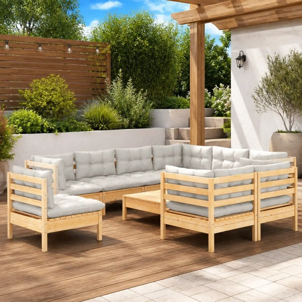 Garden Lounge Set 10 Piece Outdoor Patio Furniture Solid Wood Cream Cushions