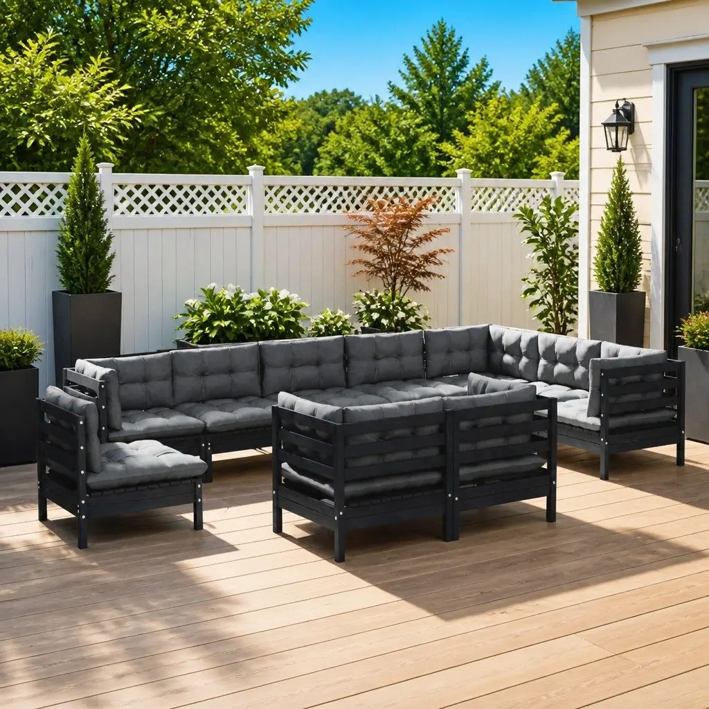 Garden Lounge Set 10 Piece Outdoor Patio Furniture Black with Cushions Modular