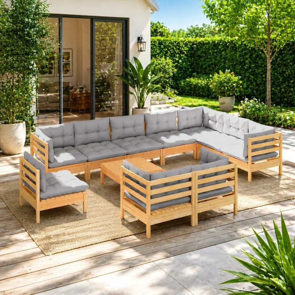 Modular Garden Lounge Set 11 Piece Solid Pinewood with Grey Cushions Outdoor Furniture