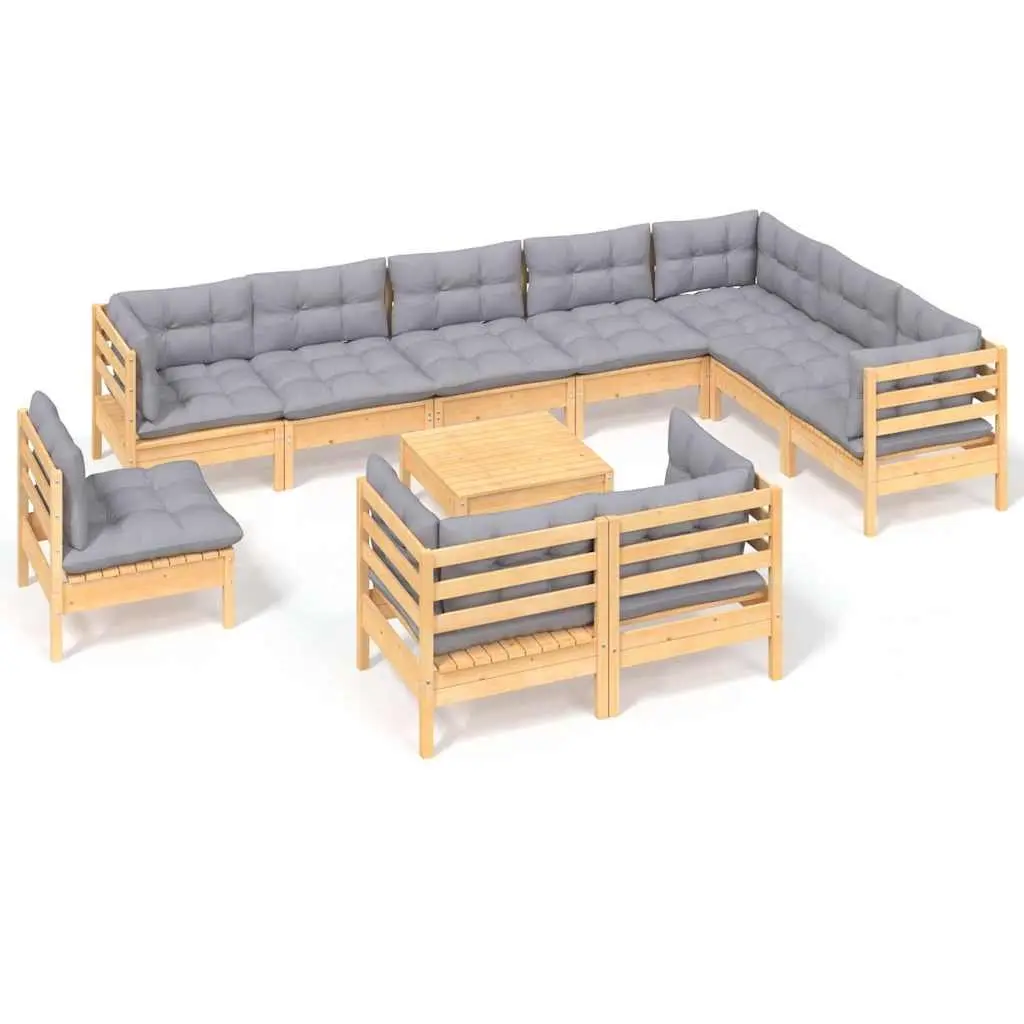 Modular Garden Lounge Set 11 Piece Solid Pinewood with Grey Cushions Outdoor Furniture