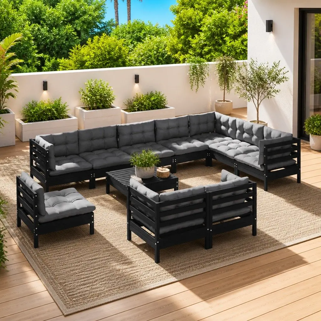 Garden Lounge Set 11 Piece Outdoor Patio Furniture Black with Cushions Modular