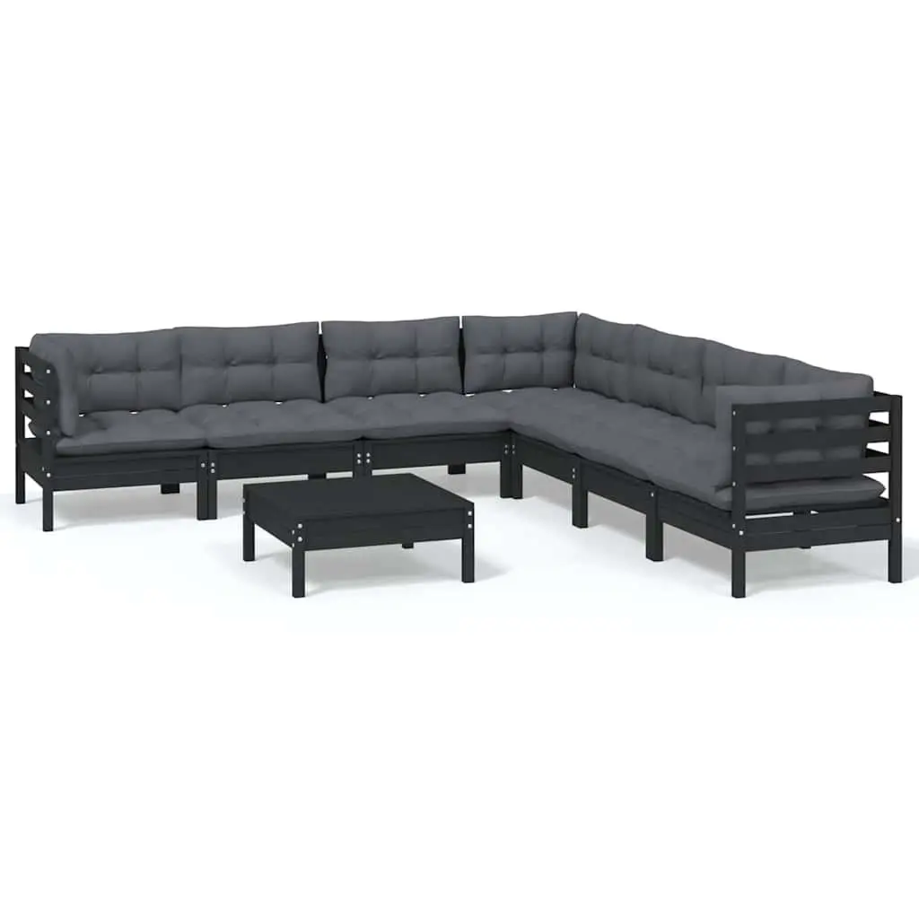 Garden Lounge Set 8 Piece Black Solid Pinewood Patio Furniture with Cushions