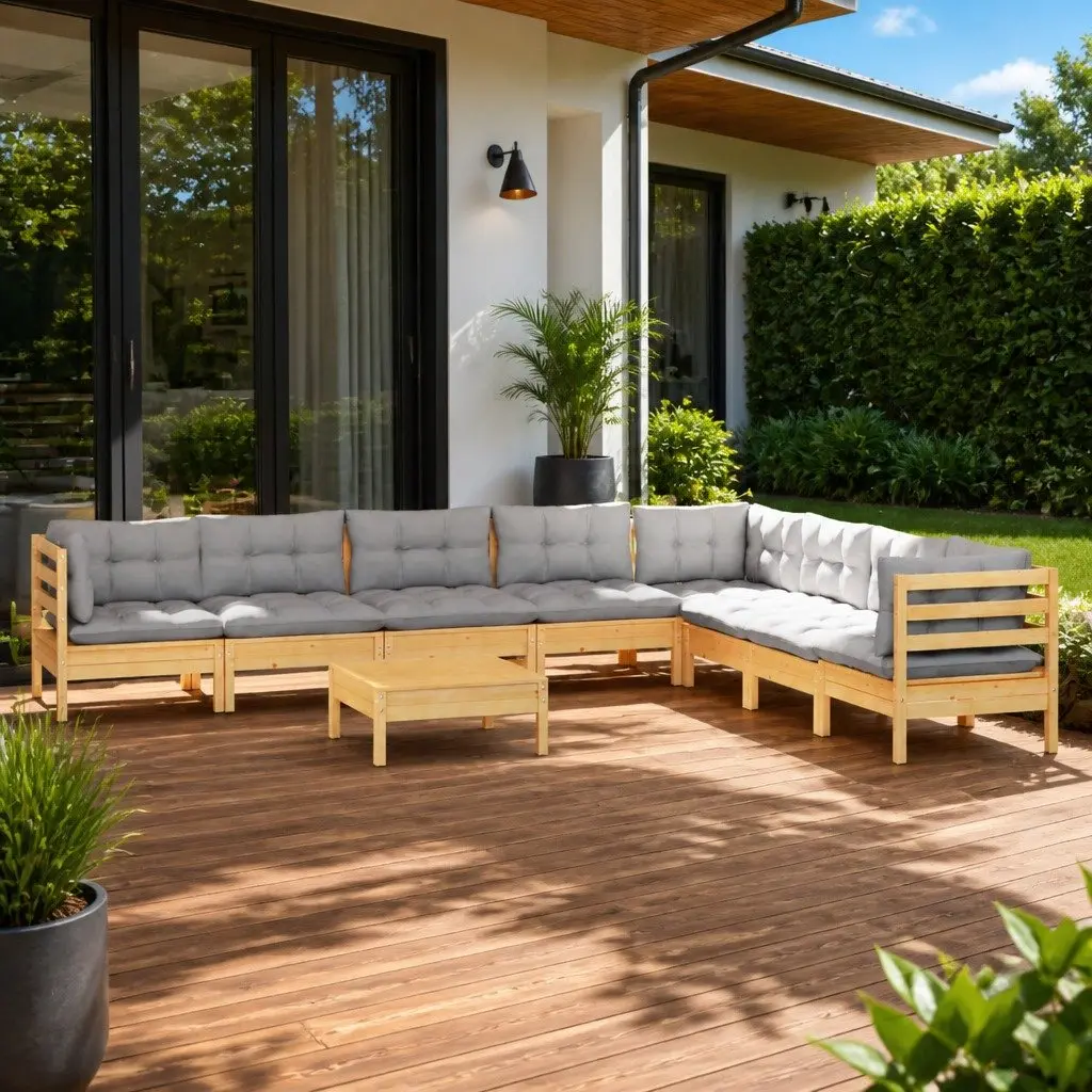 Garden Lounge Set 9 Piece Modular Patio Furniture Grey Cushions Outdoor Seating
