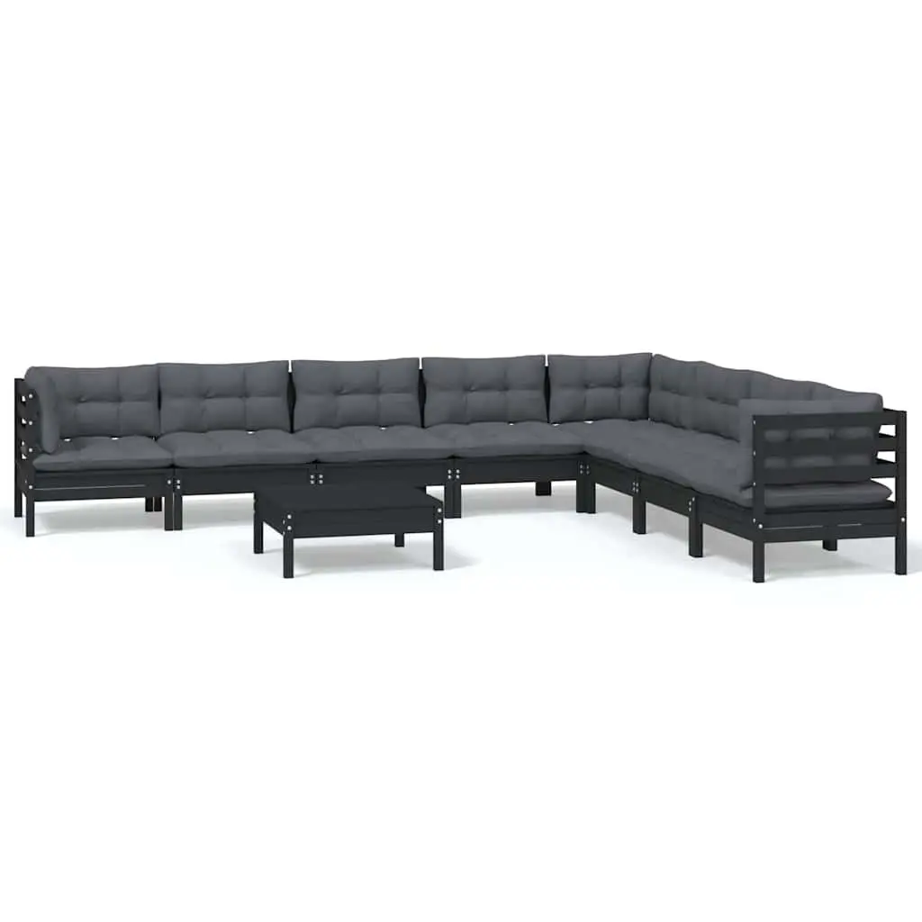 Garden Lounge Set Black Solid Pinewood 9 Piece Outdoor Furniture with Cushions