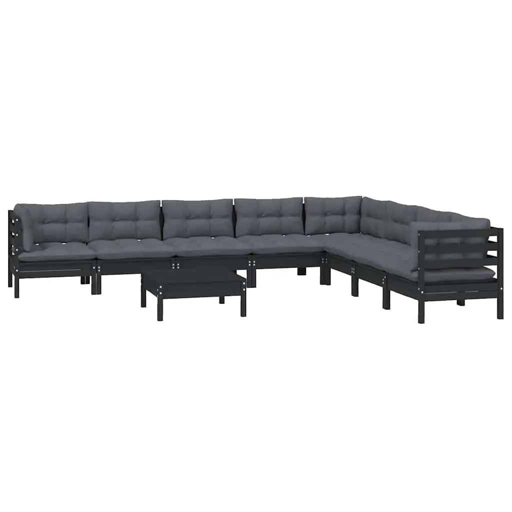 Garden Lounge Set Black Solid Pinewood 9 Piece Outdoor Furniture with Cushions