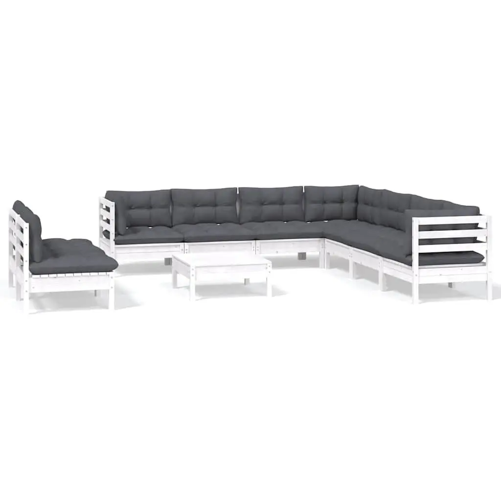 Outdoor Modular Lounge Set 10 Piece White Patio Furniture with Cushions Solid Pinewood