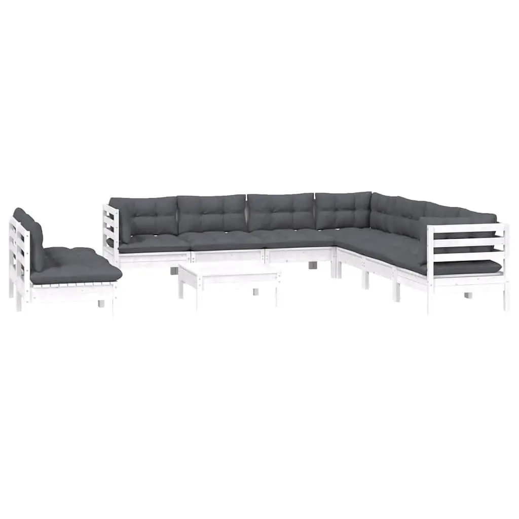 Outdoor Modular Lounge Set 10 Piece White Patio Furniture with Cushions Solid Pinewood