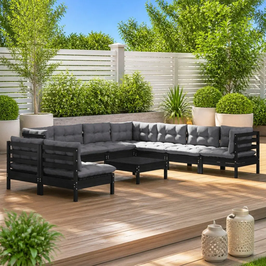 10 Piece Garden Lounge Set Solid Pinewood Black Outdoor Patio with Cushions