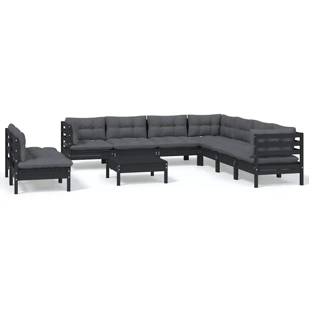 10 Piece Garden Lounge Set Solid Pinewood Black Outdoor Patio with Cushions