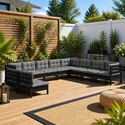 Garden Lounge Set 10 Piece Outdoor Furniture Black Patio Sectional with Cushions