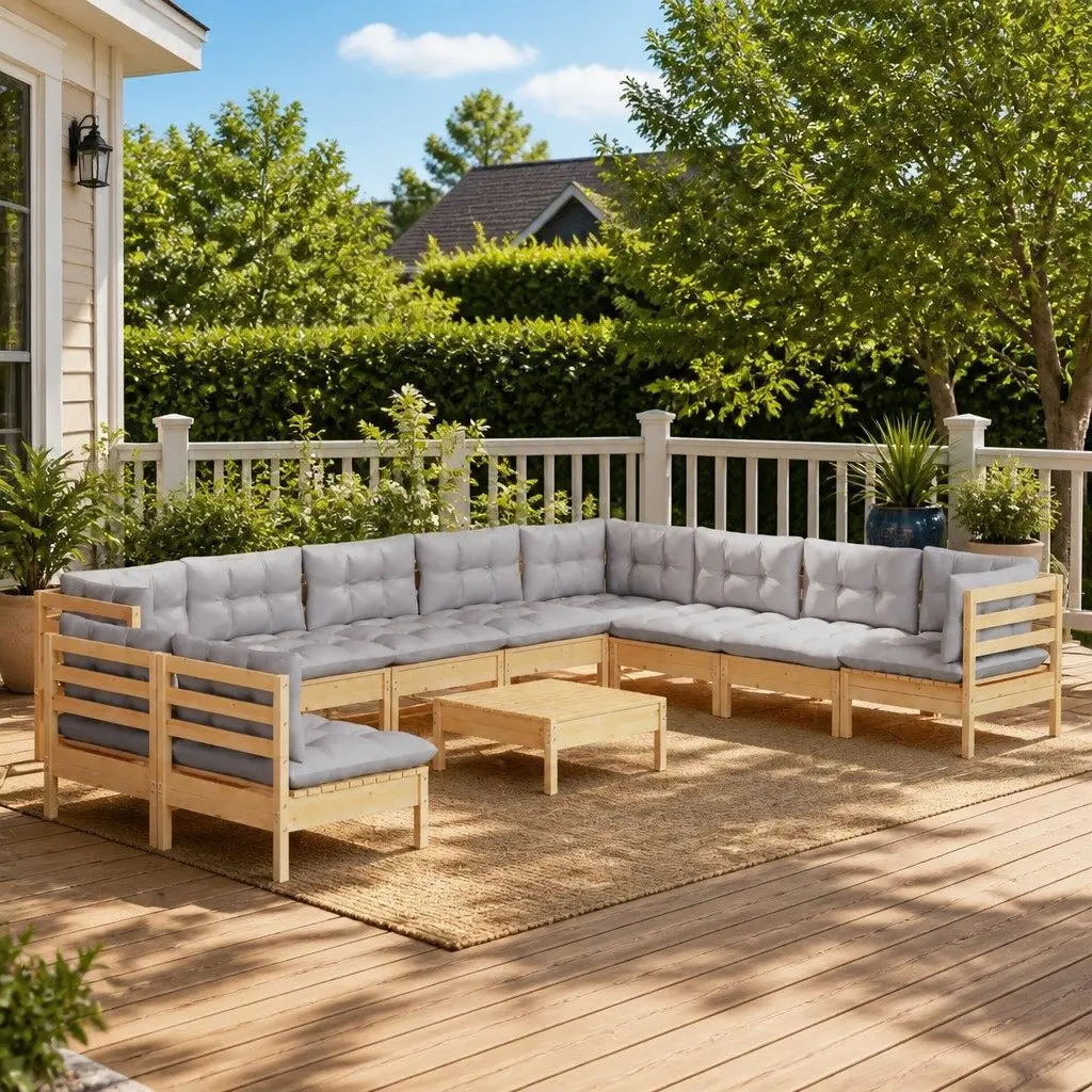 11 Piece Modular Garden Furniture Set with Grey Cushions for Outdoor Patio Relaxation