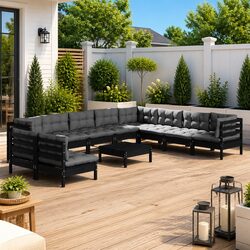 11 Piece Garden Lounge Set with Cushions Black Outdoor Patio Furniture Modular