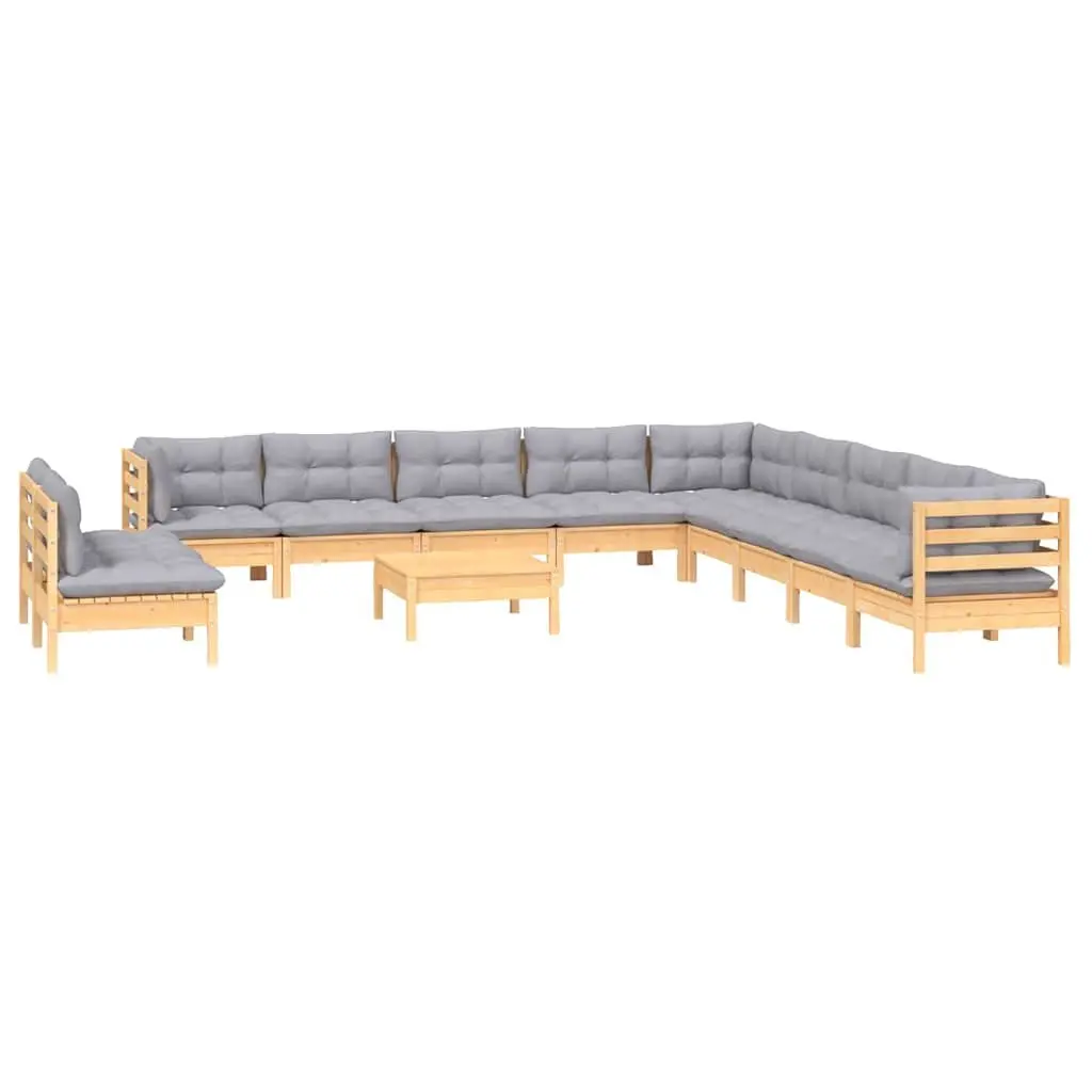 Garden Lounge Set 12 Piece Outdoor Patio Furniture Grey Cushions Pinewood