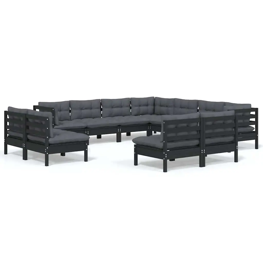 Garden Lounge Set 11 Piece Outdoor Patio Furniture Black Solid Wood Cushions