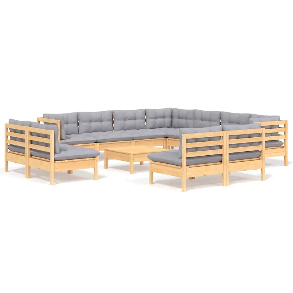 Garden Lounge Set 12 Piece Outdoor Patio Furniture Solid Pinewood Grey Cushions