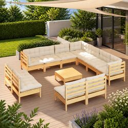 Garden Lounge Set 12 Piece Modular Outdoor Patio Furniture Solid Pinewood Cream