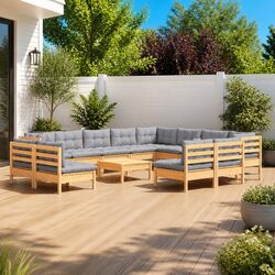Garden Lounge Set 13 Piece Outdoor Patio Furniture Grey Cushions Solid Wood